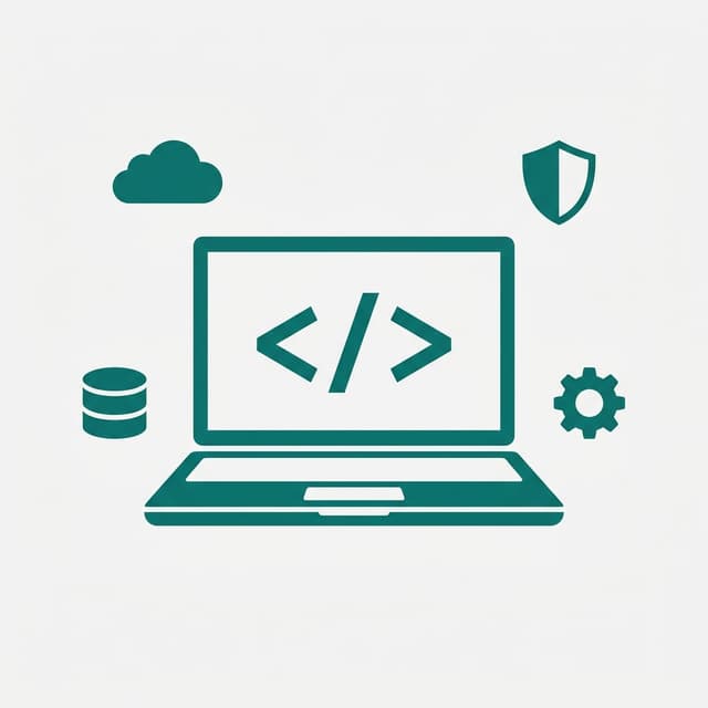 IT Staffing illustration showing laptop with code brackets and floating cloud, database, gear and shield icons